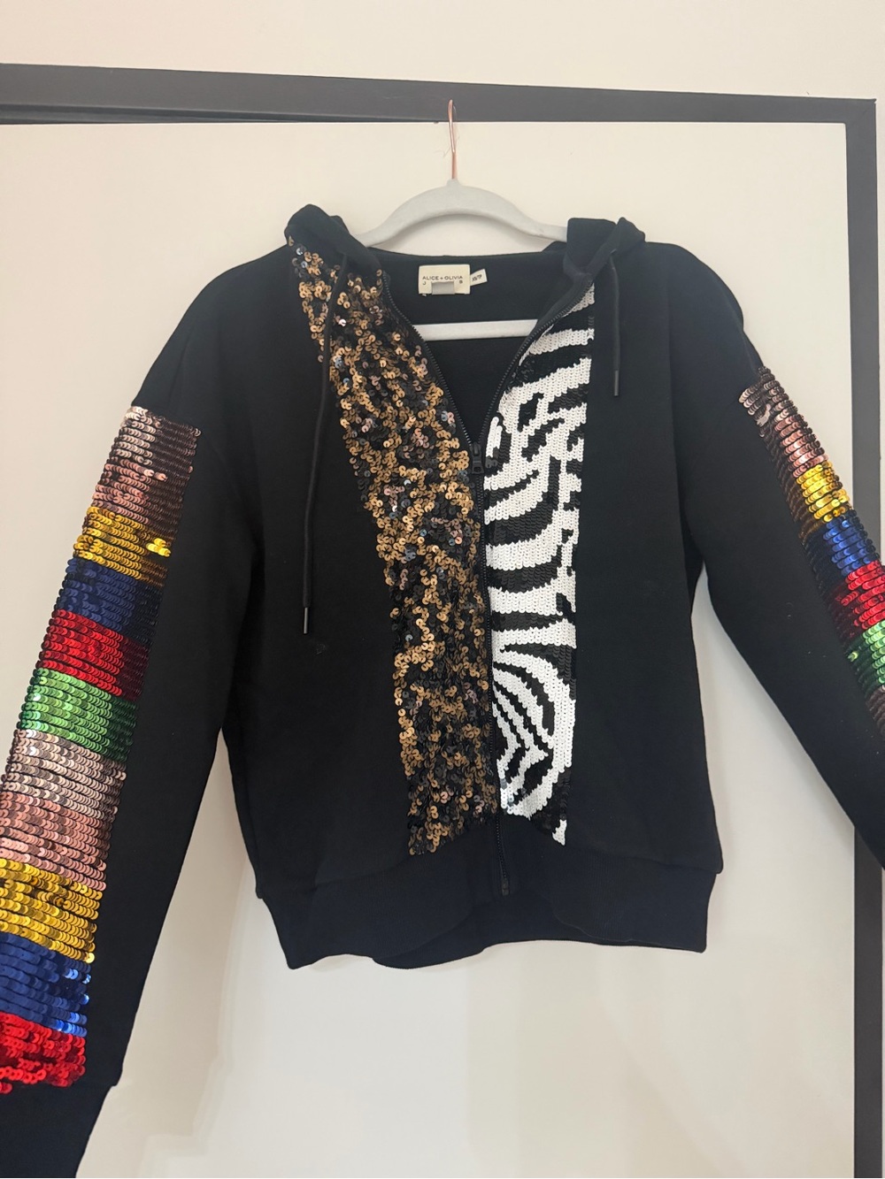 Alice + Olivia Black Zip Hoodie with Multicolor Sequin Sleeves